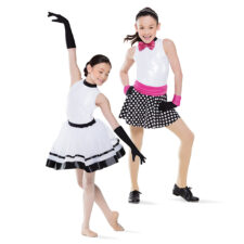 White sequin leotard, black, pink and white spotty skirt and white and black tutu skirt (includes headband, gloves and bow tie)