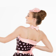 Pink and brown spotty skirted leotard with hat and gloves