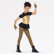 Metallic gold and black catsuit with skirt (sequins missing along back)