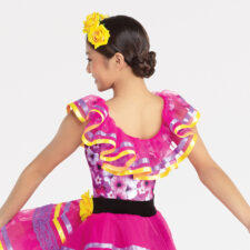 Fuchsia floral and striped skirted leotard with matching headband