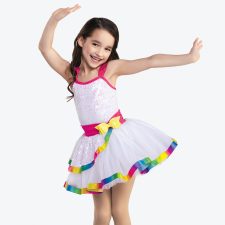 White sequin and rainbow ribbon skirted leotard