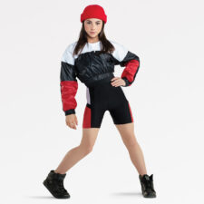 Red, black and white jacket and bike shorts (missing beanie)