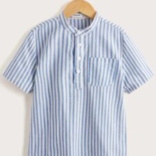 Denim blue and white stripe collarless shirt