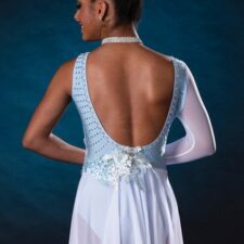 Pale blue and white chiffon skirted leotard with floral embellishment and single sleeve