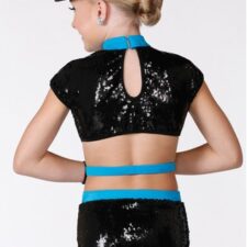 Black and multi colour sequin leotard with zig zag pattern (hat and gloves not included)