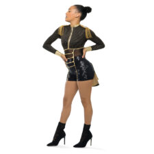 Gold and black sequin pinstripe military style biketard with epilates and back bustle
