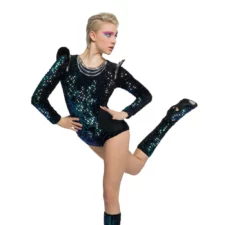Black and green sequin leotard with beaded collar and boot covers