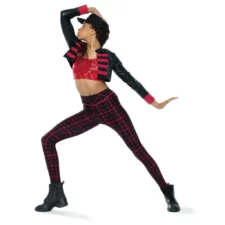 Red and black military style jacket, sequin crop top and leggings