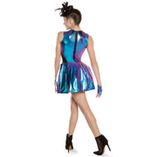 Metallic turquoise and purple skirted biketard (missing hat and gloves)