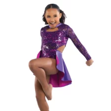 Purple and magenta sequin leotard and attached satin skirt