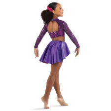 Purple and magenta sequin leotard and attached satin skirt