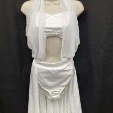 White skirted briefs with attached crop top and draped halter neck