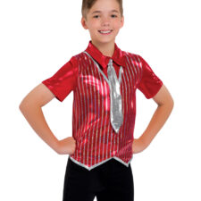Red and silver metallic striped shirt with tie