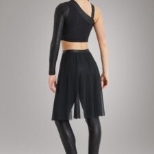 Black 2 piece with one mesh sleeve crop top and skirted leggings