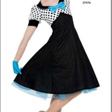 Black and white dress with spotty bodice and turquoise bow