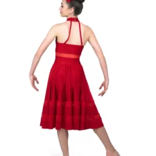 Red skirted leotard with mesh detail