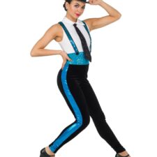 Turquoise, black and white velvet catsuit with sparkle braces and tie (includes hat band but not hat)