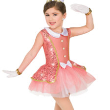 Peach sequin skirted leotard with white collar and bow (missing hat and gloves)