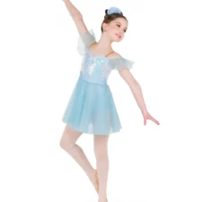 Pale blue leotard with iridescent bodice and chiffon skirt