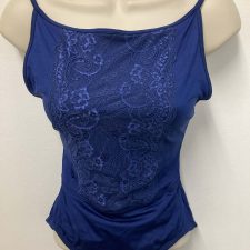 Navy leotard with lace panel and sheer low back