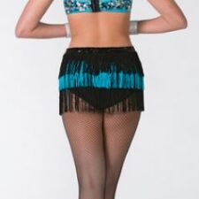 Black and turquoise skirted leotard with fringe and sequins