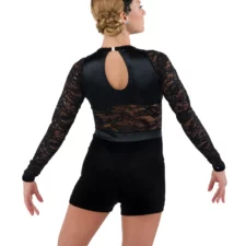 Black velvet biketard with lace insert and sleeves (hat not included)