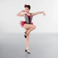 Black, red and white harlequin sequin leotard with bustle