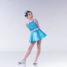 Turquoise satin and sequin skirted leotard with white collar