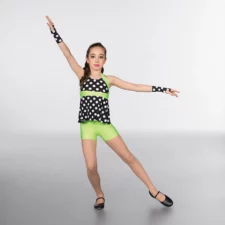Neon green, black and white spotty belted top with bikeshorts