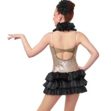 Coffee sequin and black skirted leotard with ruffle collar