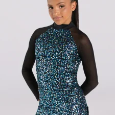Blue and silver sequined dress with attached bike shorts, black mesh sleeves and high neck