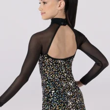 Blue and silver sequined dress with attached bike shorts, black mesh sleeves and high neck