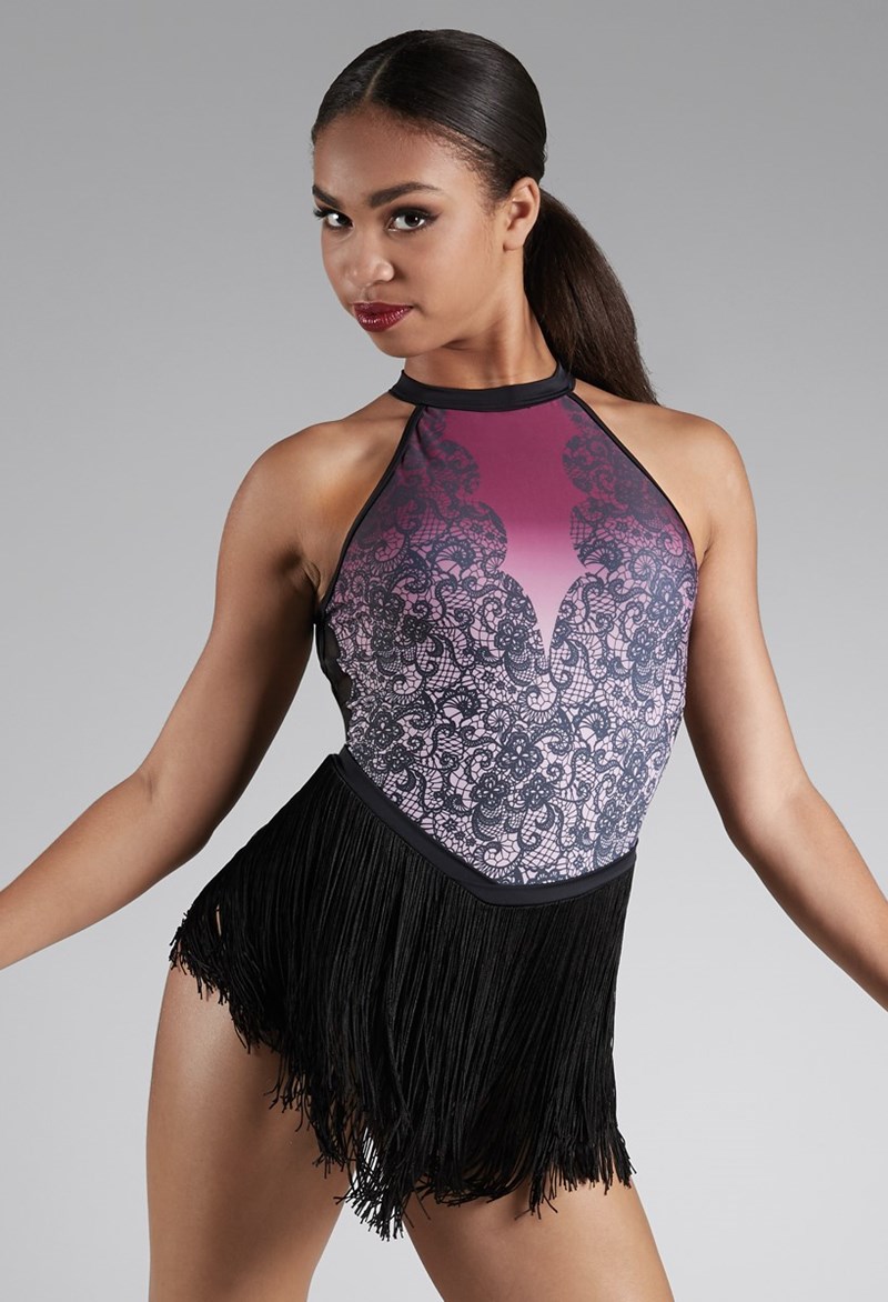Pink ombre fringed leotard with lace design - Suite 109