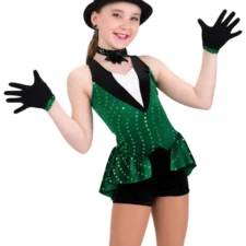 Green and black velvet skirted biketard with bowtie (hat and gloves not included)