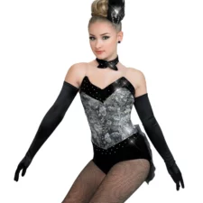 Black velvet and metallic silver leotard with bow tie and back stain bow (feather hairpiece and gloves not included)