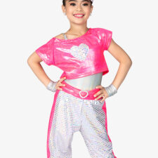 Neon iridescent pink and silver crop top, leotard and trousers with headband and heart design (hat and mitts not included)