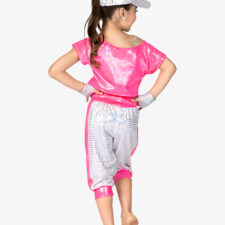 Neon iridescent pink and silver crop top, leotard and trousers with headband and heart design (hat and mitts not included)