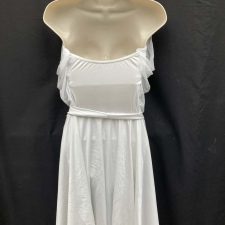 White skirted briefs with attached crop top and draped halter neck