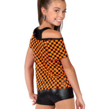 Bright orange and black check top with matching shorts and crop top
