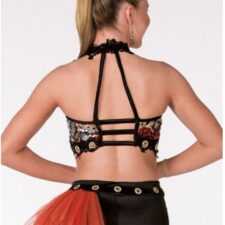 Black, red and silver crop top and shorts with side net bustle and gold button detail