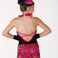 Fuchsia and black leotard with fringe skirt and draped sequins on bodice