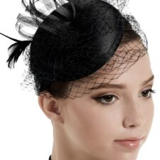 Black hat headband with veil and ribbons