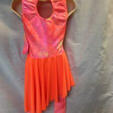 Neon orange and pink catsuit with yellow skirt and gloves
