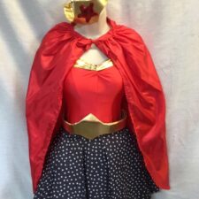 Red, gold and navy superhero leotard and skirt with cape