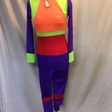 Neon green, purple, red and orange catsuit