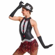Tuxedo style red, black and white fringed leotard (hat  not included)