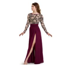 Purple and nude long skirted leotard with black vine design