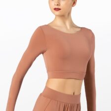 Coffee long sleeve crop top and slit side trousers