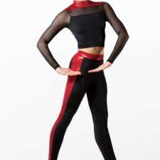 Black and metallic red crop top with mesh sleeves and leggings