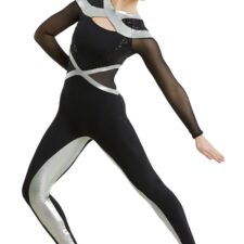 Space age design catsuit with metallic trim and mesh sleeves